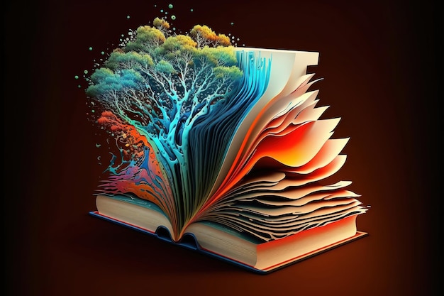 Photo illustration colorée livre abstrait arbre symbole de la vie modèles fantastiques connaissances cognitives idée recherche apprentissage peinture lumineuse sagesse ouverte bibliothèque papier le concept de connaissance ai