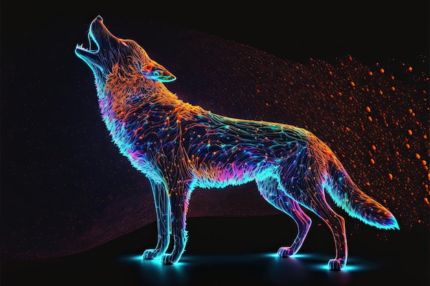 Illustration colorée d'un loup au corps entier hurlant dans l'espace créé avec la technologie Generative AI.