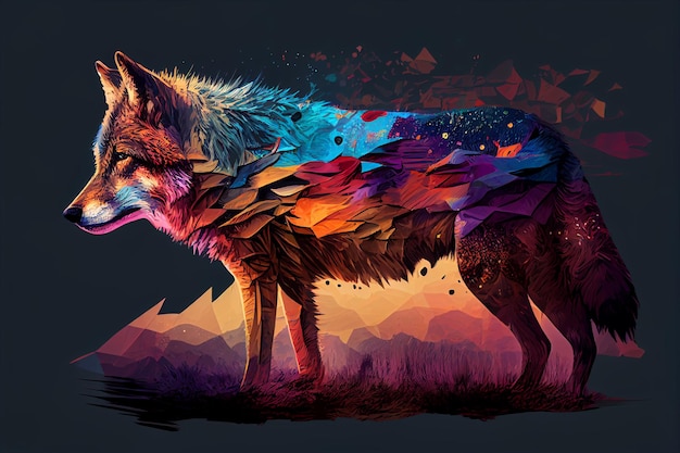 Une illustration colorée d'un loup dans un style polygonal sur un fond sombre ai générative