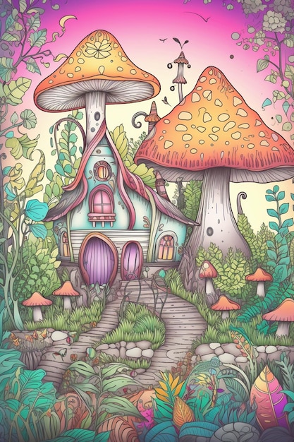 Une illustration colorée d'une maison champignon avec un toit violet et un toit violet.