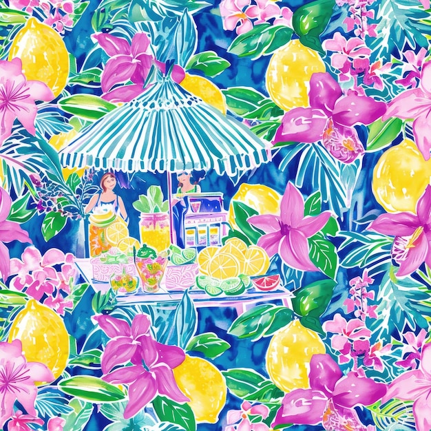 une illustration colorée d'une maison avec un citron et des fleurs