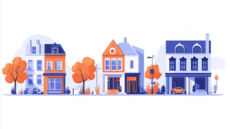 Photo illustration colorée de maisons urbaines dans un quartier avec des arbres et des véhicules pendant la journée