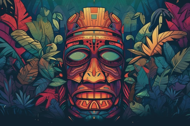 Une illustration colorée d'un masque tiki avec des feuilles et le mot tiki dessus