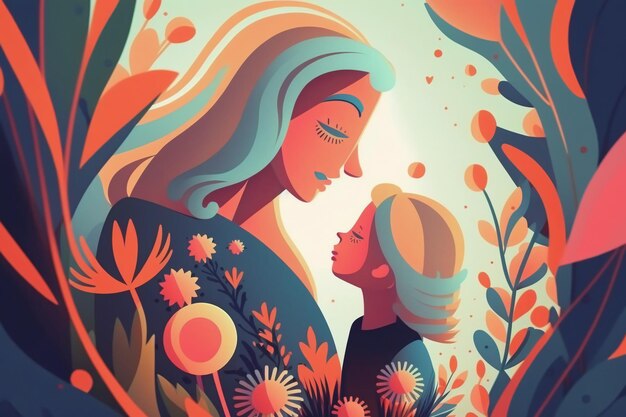 Une illustration colorée d'une mère et d'un enfant.