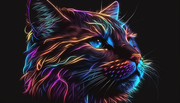 Illustration colorée de mi-journée de tête d'animal chat néon mignon ai