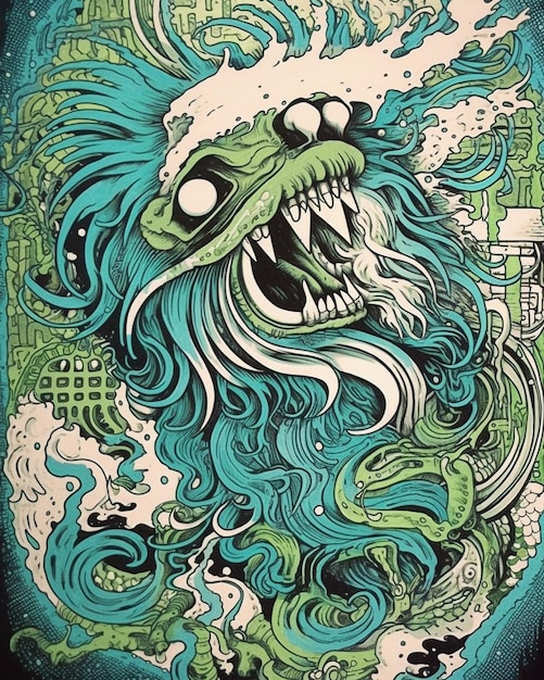 une illustration colorée d'un monstre avec une tête verte et des yeux bleus.