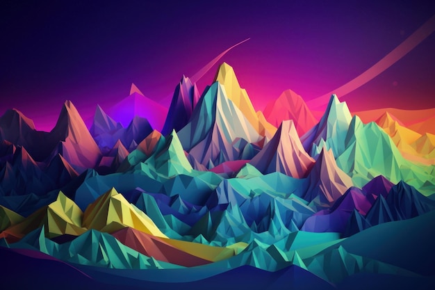 Une illustration colorée des montagnes et un fond violet.