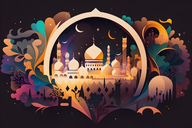 Une illustration colorée d'une mosquée avec une lune et des étoiles.