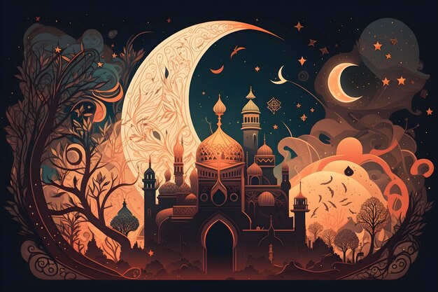 Une illustration colorée d'une mosquée avec une lune et des étoiles.