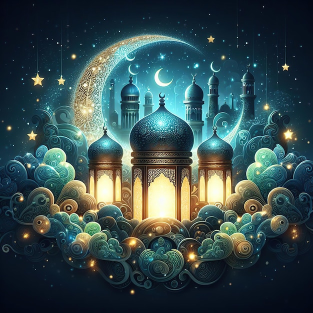 une illustration colorée d'une mosquée sous une lune bleue avec une lune et des nuages