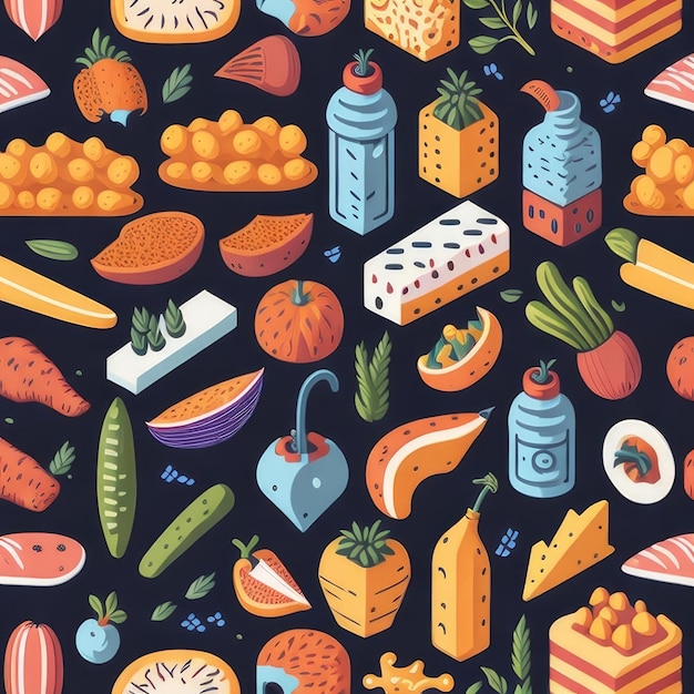 Une illustration colorée de nourriture sur fond noir.