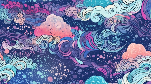 Une illustration colorée de nuages et les mots "cloud" dessus