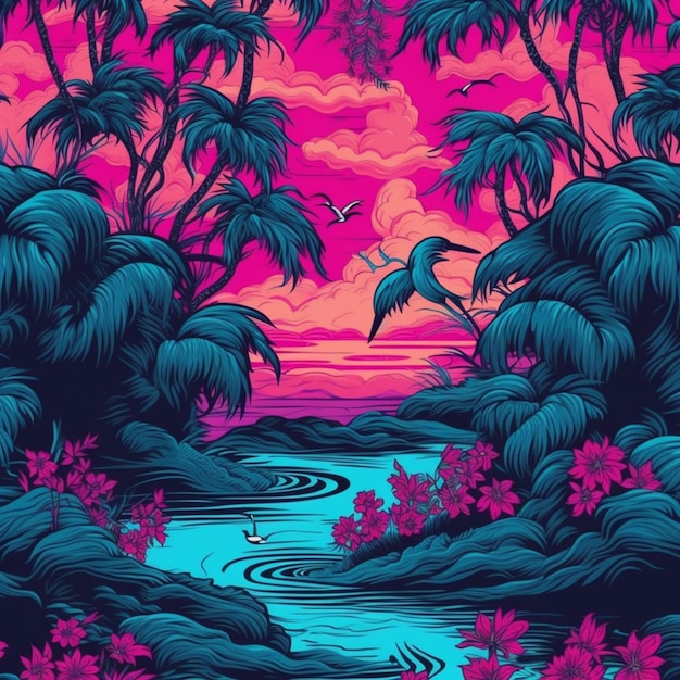 Une illustration colorée d'un oiseau volant au-dessus d'une rivière dans un paysage tropical