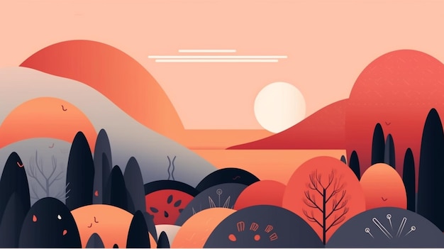 Une illustration colorée d'un paysage de montagne avec un fond rouge et orange.
