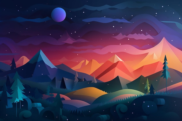 Une illustration colorée d'un paysage de montagne avec une forêt et une lune.