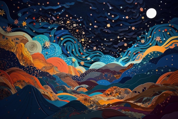 Une illustration colorée d'un paysage de montagne avec la lune et les étoiles.