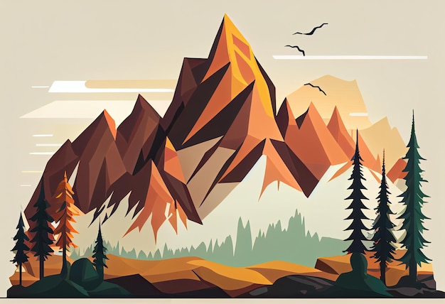 Une illustration colorée d'un paysage de montagne avec des montagnes et des arbres.