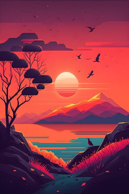 Une illustration colorée d'un paysage de montagne avec un oiseau au bord de l'eau.