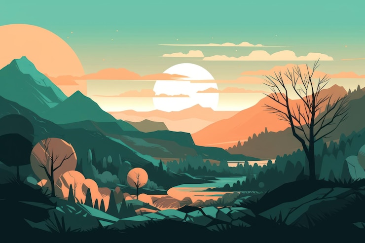 Photo une illustration colorée d'un paysage de montagne avec une rivière et des montagnes en arrière-plan.