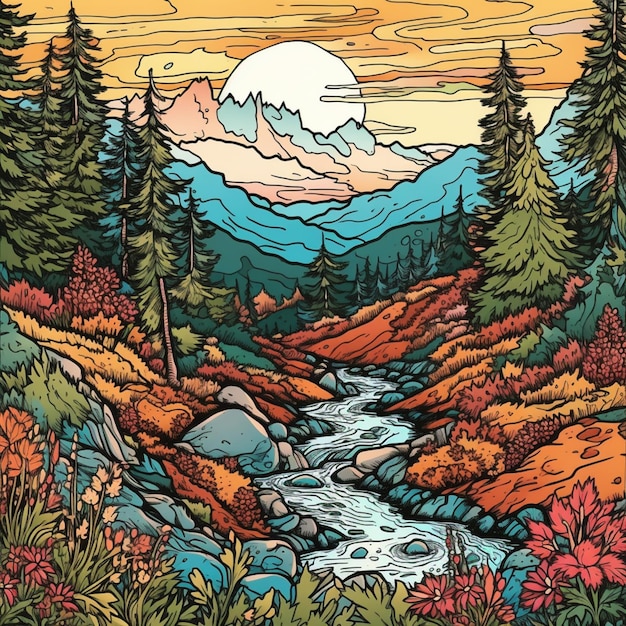 Une illustration colorée d'un paysage de montagne avec une rivière et des montagnes en arrière-plan.