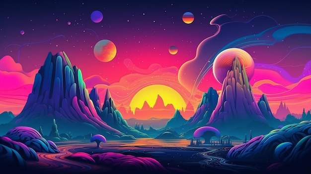 Une illustration colorée d'un paysage avec des montagnes et une planète.