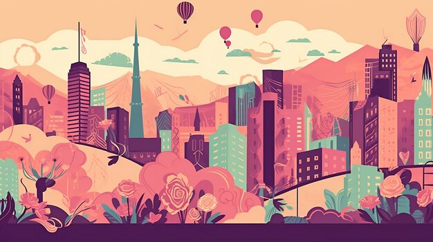 Une illustration colorée d'un paysage urbain avec un paysage urbain et un ciel rose.