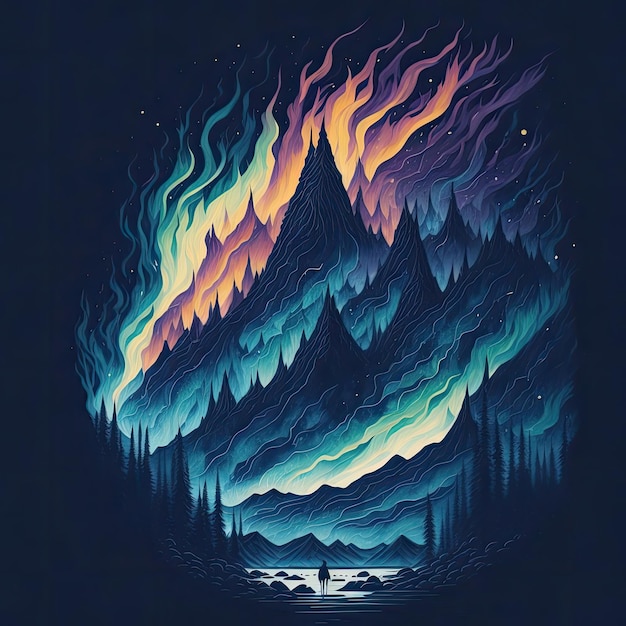 Une illustration colorée d'une personne debout devant une montagne.