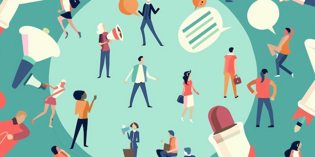 une illustration colorée de personnes dans un cercle avec un homme et une femme en bas