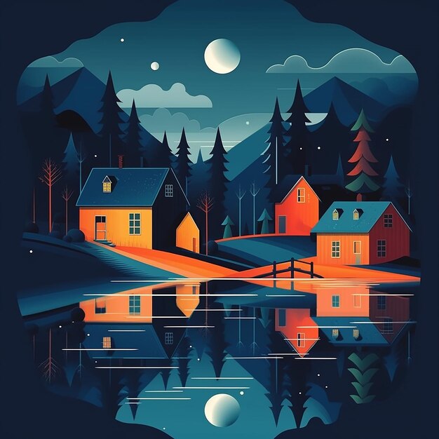 Une illustration colorée d'un petit village avec un lac et la lune en arrière-plan.