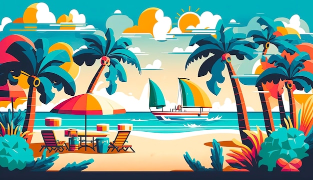 Une illustration colorée d'une plage avec un palmier et un bateau sur l'eau.