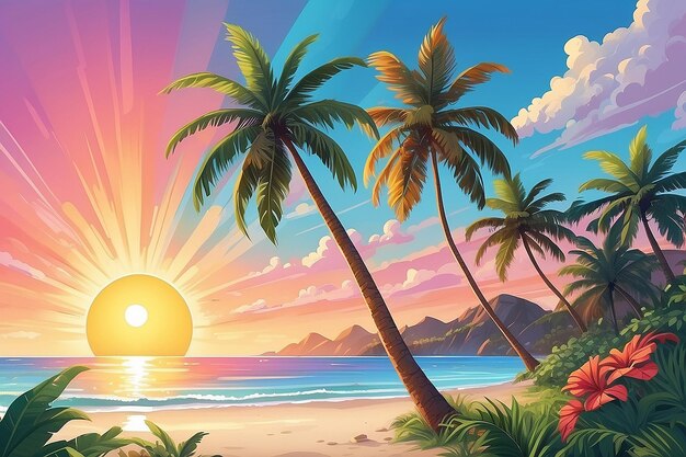 Une illustration colorée d'une plage avec un palmier et un soleil dessus