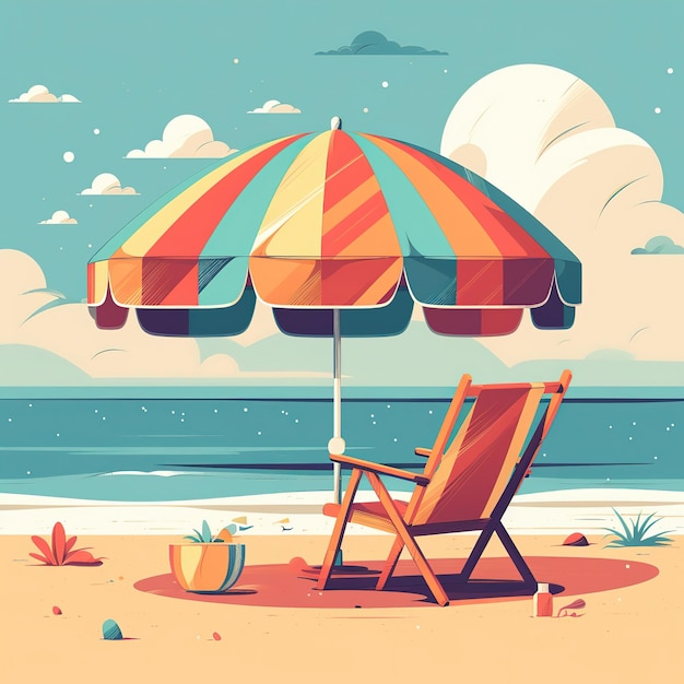 Une illustration colorée d'une plage avec un parasol et une chaise dessus.