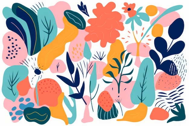 Une illustration colorée de plantes et de fleurs.