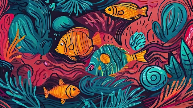 une illustration colorée de poissons et de coraux