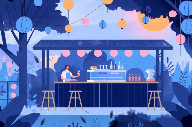 une illustration colorée d'un restaurant avec un homme qui cuisine dans un restaurant