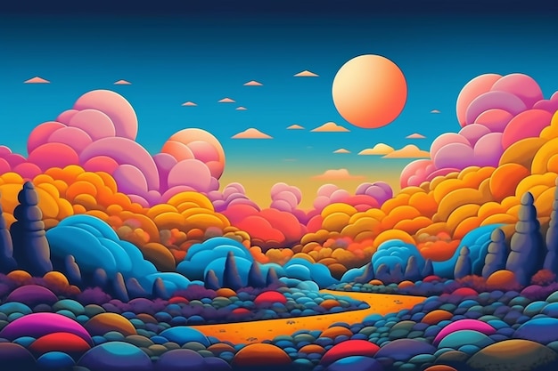 Une illustration colorée d'une rivière et de montagnes avec un soleil dans le ciel.