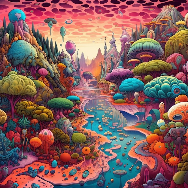 Une illustration colorée d'une rivière avec une rivière et des arbres.