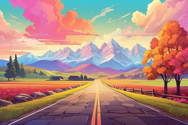 Une illustration colorée d'une route de campagne avec des arbres et des montagnes en arrière-plan