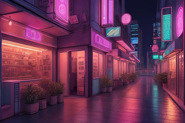 Photo une illustration colorée d'une rue avec des néons dans la ville ia générative