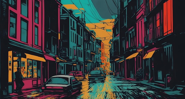 Une illustration colorée d'une rue sous la pluie