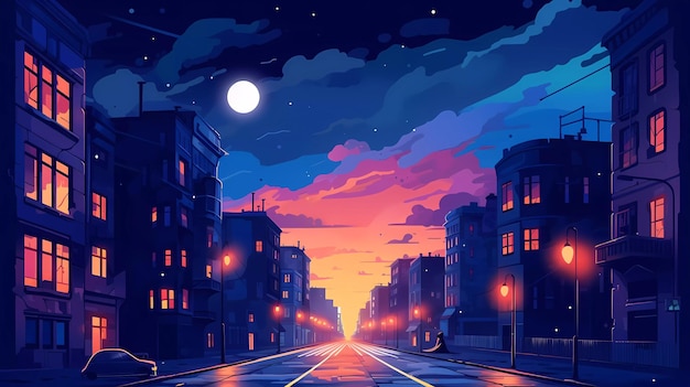 Une illustration colorée d'une rue de la ville avec une rue et la lune.