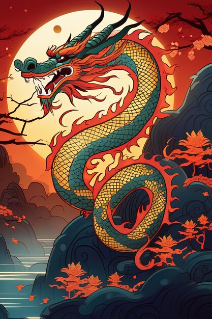 une illustration colorée d'un serpent avec un fond rouge et jaune.