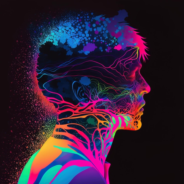 Illustration colorée de silhouette d'homme euphorique trippy Le voyage au plus profond de son esprit Illustration 3d