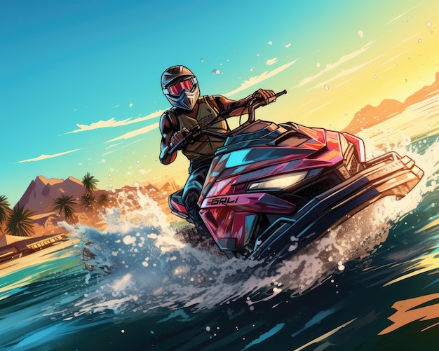 Illustration colorée de style bande dessinée Jetski