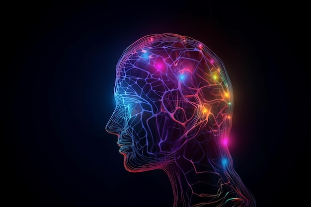 Une illustration colorée d'une tête humaine avec le mot cerveau dessus