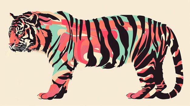 Illustration colorée d'un tigre avec un accent sur les rayures des animaux