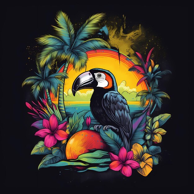 Une illustration colorée d'un toucan assis sur une île tropicale.