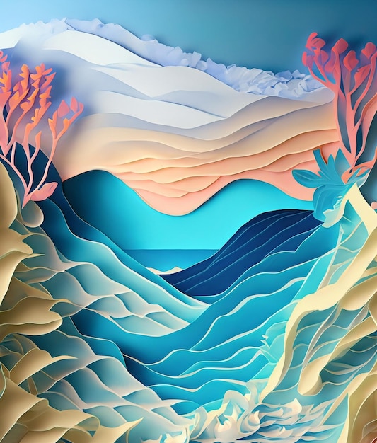 Une illustration colorée d'une vague avec l'océan et l'océan en arrière-plan