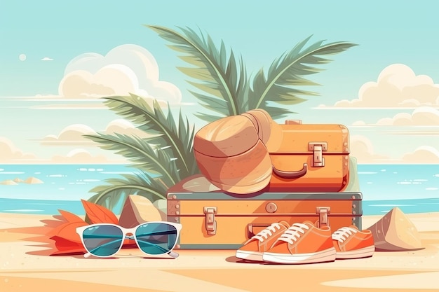 Une illustration colorée d'une valise et de lunettes de soleil sur la plage.