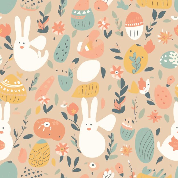 Une illustration colorée d'une variété de lapins et d'œufs de Pâques.
